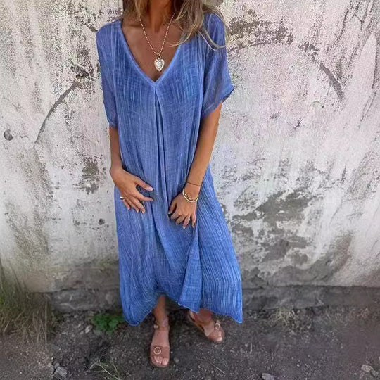 Damen lässiges Langarmkleid mit elegantem V-Ausschnitt und fließendem Design EB