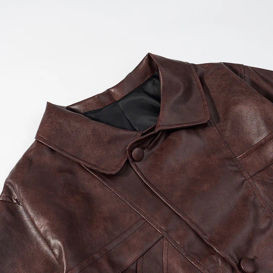 Damen modische Kunstlederjacke mit einzigartigem Schnitt und eleganten Taschen EB