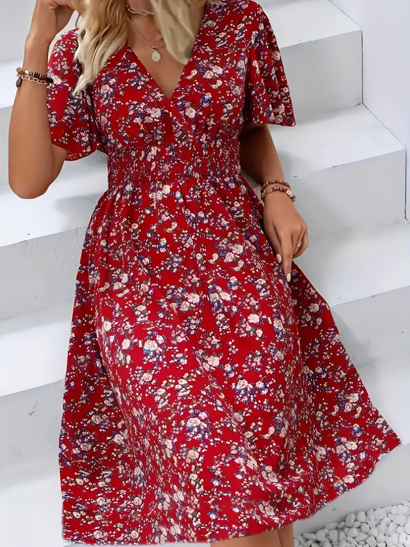 Damen Wickelkleid mit floralem Design und modischem V-Ausschnitt EB