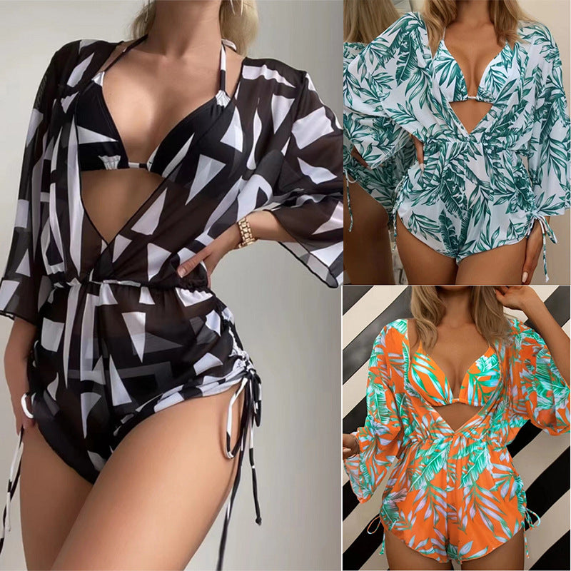 Damen Bikiniset mit transparentem Überwurf und modischem geometrischen Muster EB
