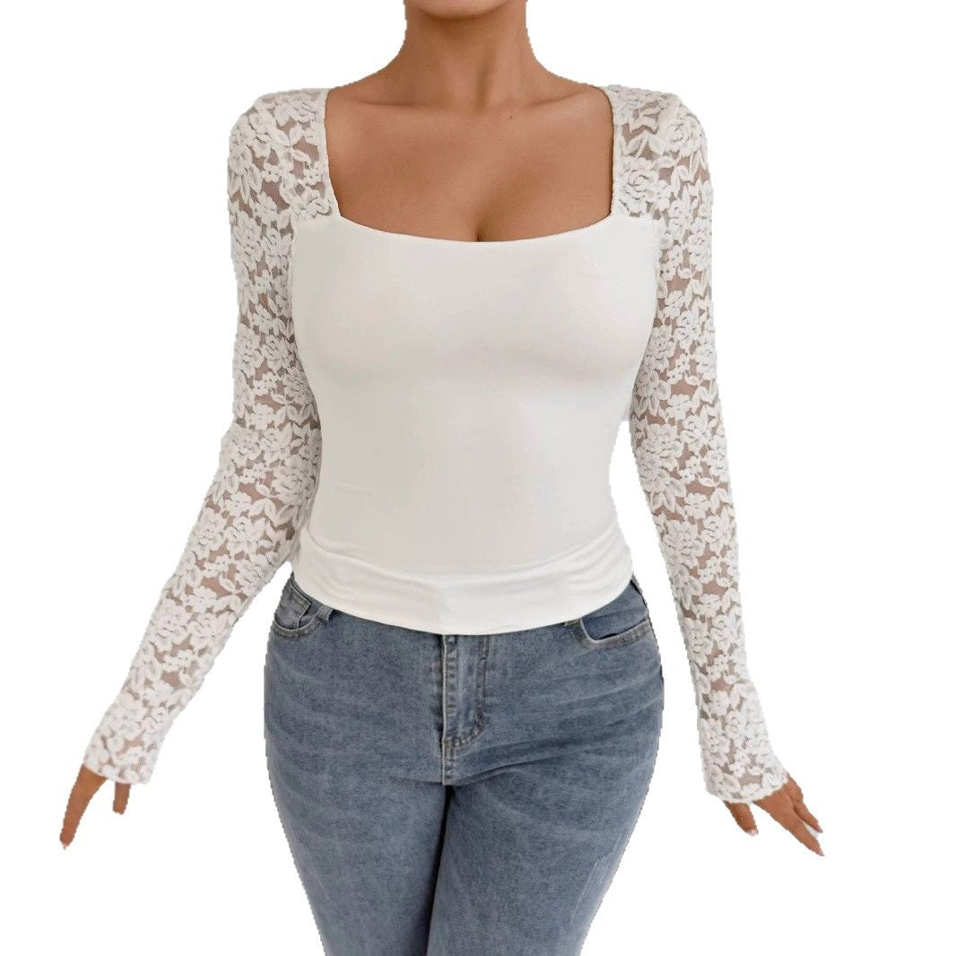 Damen Elegantes Oberteil mit Spitzenärmeln EB