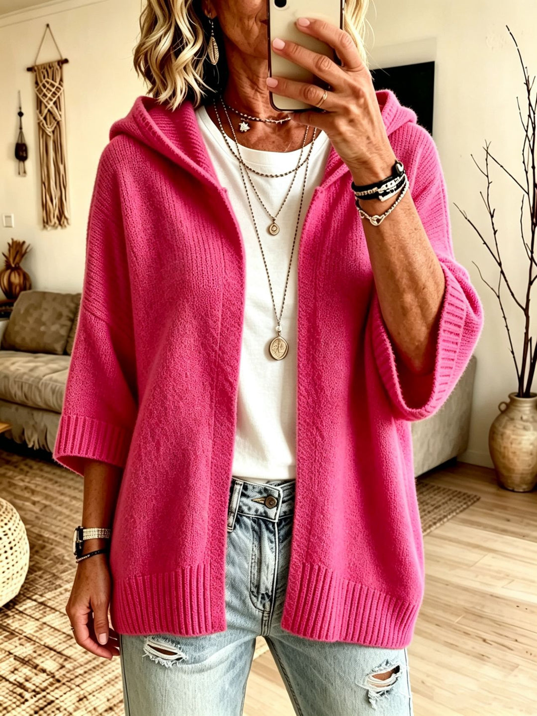 Damen Kapuzen-Longcardigan aus grobem Strick mit 3/4-Ärmeln und offener Front EB