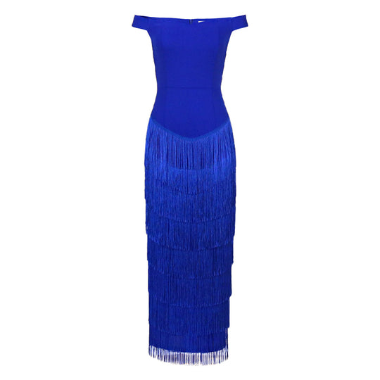 Damen glamouröses Abendkleid mit schulterfreien Rüschen und Fransen EB