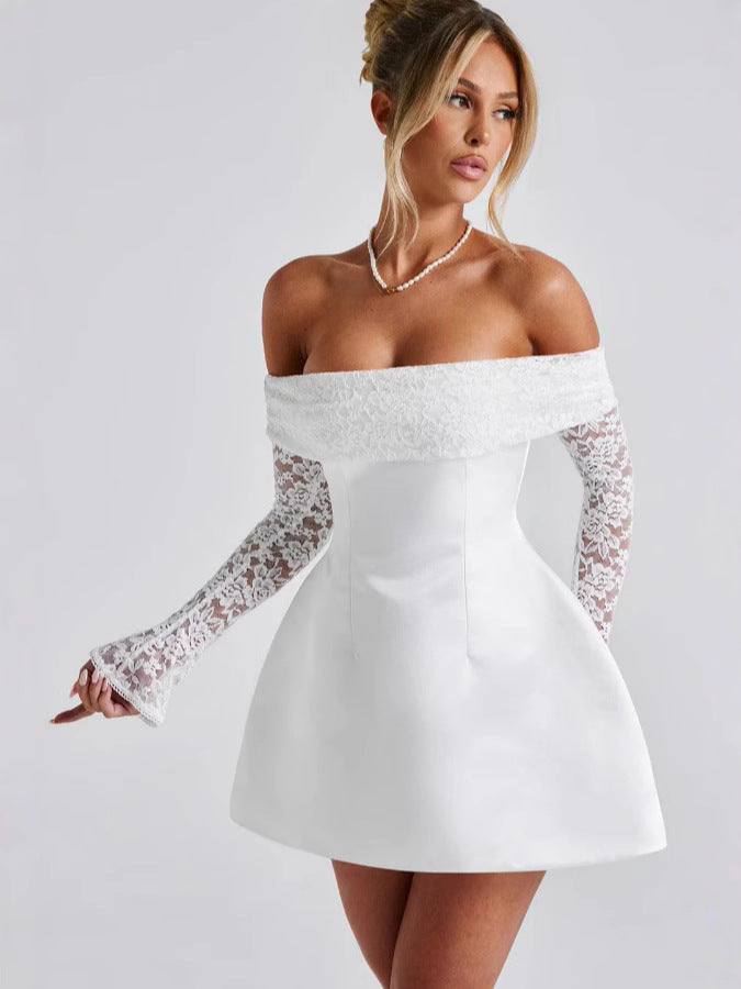 Damen Off-Shoulder Kleid mit floralen Spitzenärmeln und schwingendem Rock EB