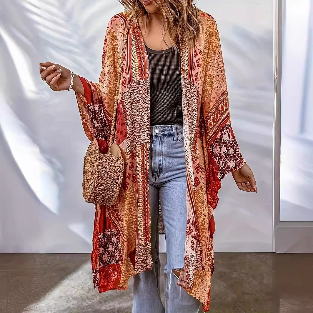Damen Lässige Kimono-Jacke mit buntem Muster und weitem Schnitt EB