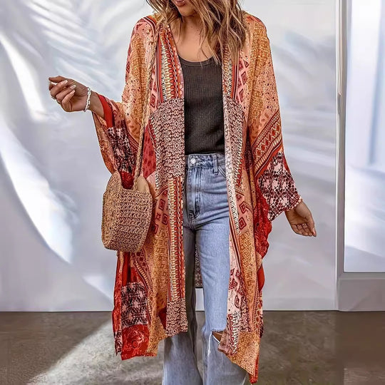 Damen Lässige Kimono-Jacke mit buntem Muster und weitem Schnitt EB