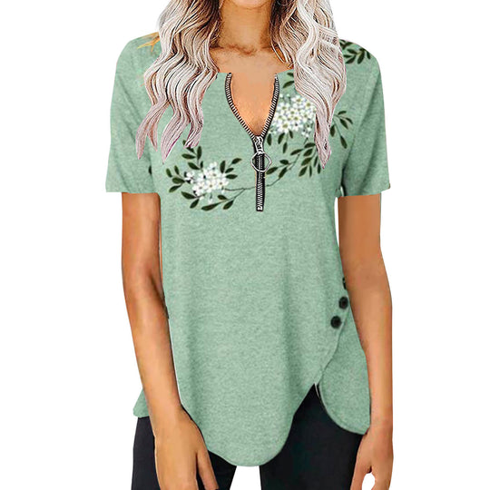 Damen T-Shirt mit halbgeschlossenem Reißverschluss und floralem Muster EB