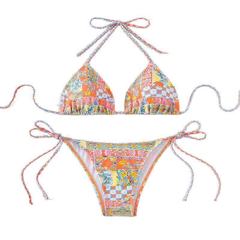 Damen Triangel-Bikini-Set mit verspielt floralem Muster und verstellbaren Bindebändern EB