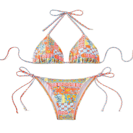 Damen Triangel-Bikini-Set mit verspielt floralem Muster und verstellbaren Bindebändern EB