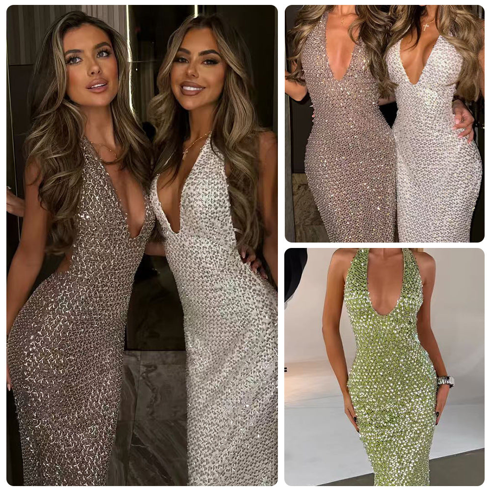 Damen Glamouröses Paillettenkleid mit tiefem V-Ausschnitt und figurbetontem Schnitt EB