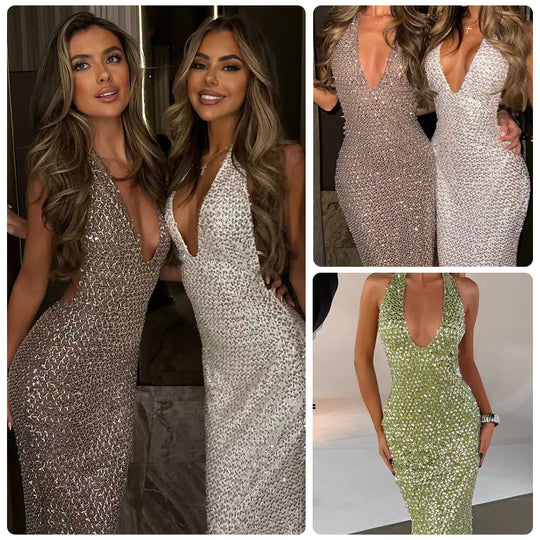 Damen Glamouröses Paillettenkleid mit tiefem V-Ausschnitt und figurbetontem Schnitt EB
