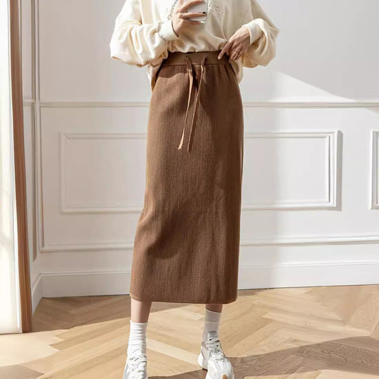 Damen Midi-Rock mit Taillenschnürung und geripptem Design EB