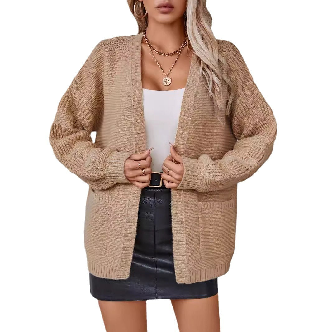 Damen weit geschnittene Strickjacke mit Taschen und strukturiertem Ärmel EB