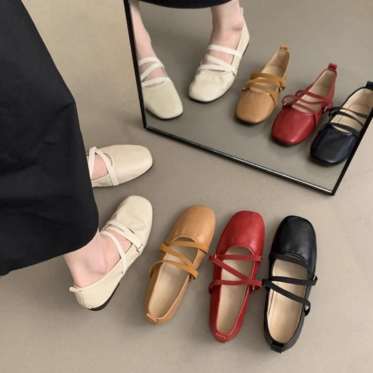 Damen elegantes Ballerina-Modell mit modischem Riemchen und hochwertigem Leder EB