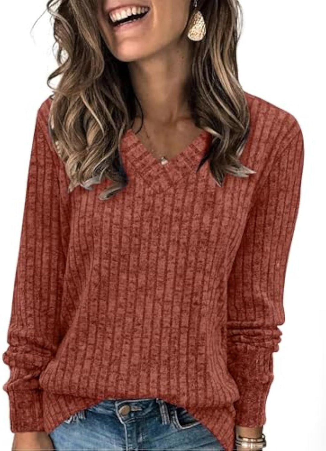 Damen gerippter V‑Ausschnitt Feinstrickpullover mit längerem Arm EB