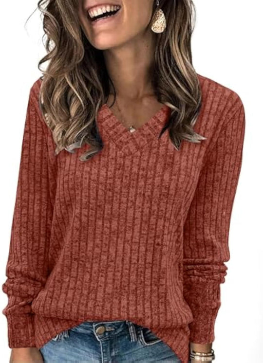 Damen gerippter V‑Ausschnitt Feinstrickpullover mit längerem Arm EB
