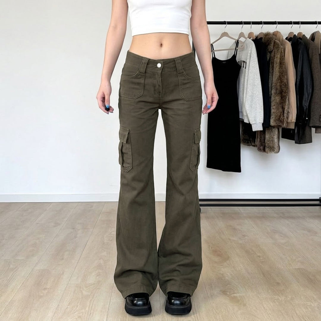Damen nan Cargo-Flared-Hose mit hochgeschnittener Taille, aufgesetzten Beintaschen und ausgestelltem Bein EB