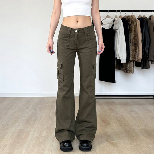 Damen nan Cargo-Flared-Hose mit hochgeschnittener Taille, aufgesetzten Beintaschen und ausgestelltem Bein EB