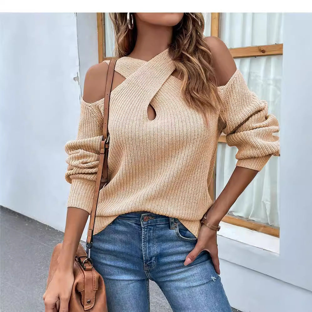Damen Strickpullover mit asymmetrischem Ausschnitt und offenen Schultern EB