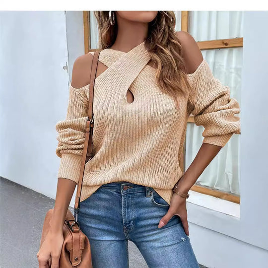 Damen Strickpullover mit asymmetrischem Ausschnitt und offenen Schultern EB