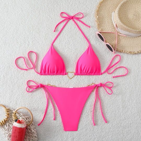 Damen Triangel-Bikini-Set mit verspielten Schleifen und Herz-Applikationen EB