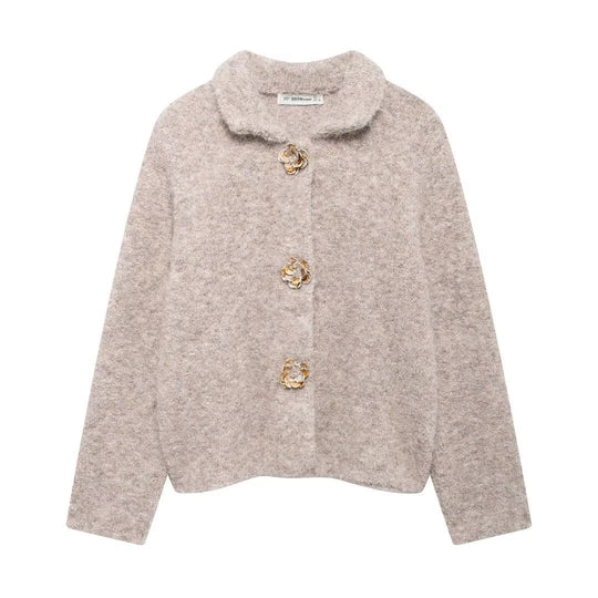 Damen nan kurz geschnittene Bouclé-Jacke mit dekorativen Blumenknöpfen und rundem Umlegekragen EB