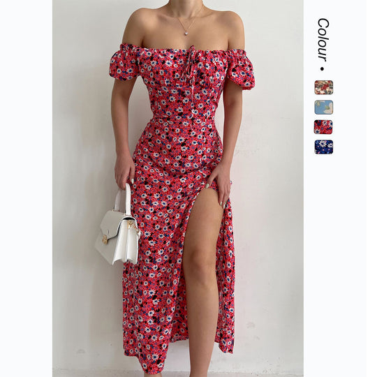 Damen Off-Shoulder Maxikleid mit floralem Design und elegantem Schlitz EB