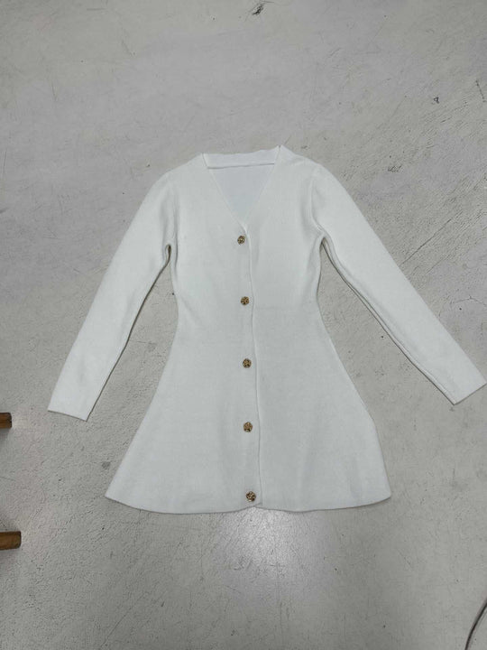 Damen nan tailliertes Strickkleid-Cardigan mit V-Ausschnitt und dekorativen Zierknöpfen EB