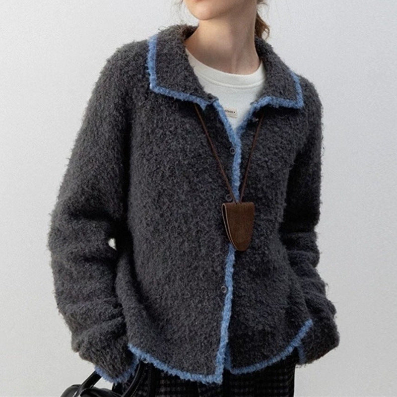 Damen kuscheliger Strickcardigan mit Kontrastdetails und kragen EB