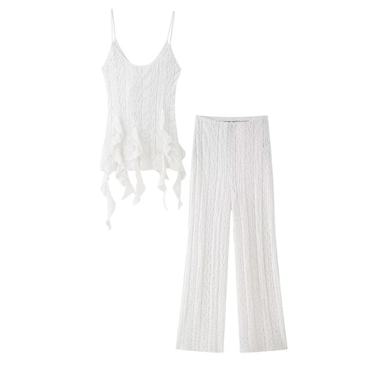 Damen elegante Palazzo-Hose mit floralem Spitzenmuster EB