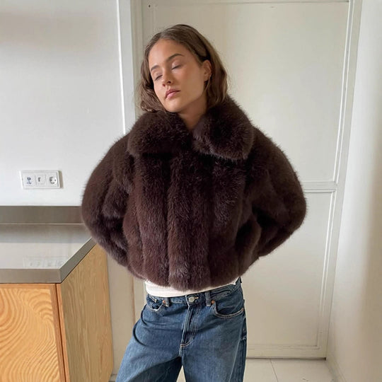 Damen Kunstfelljacke im modischen Cropped-Stil EB