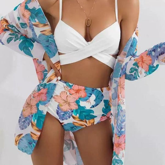 Damen Bikiniset mit floralem Kimono und hoch geschnittenem Oberteil EB