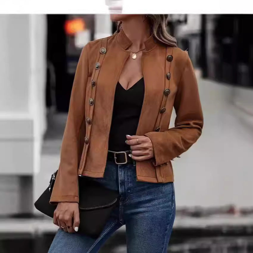 Damen modische Suedejacke mit steigendem Kragen und Knöpfen EB