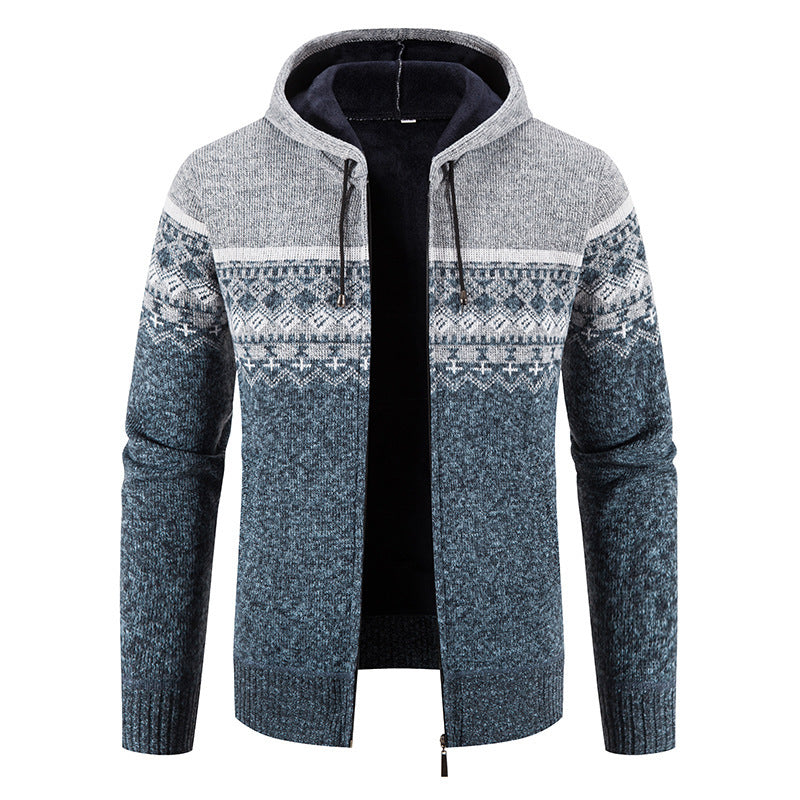Herren nan gefütterte Strick-Zipjacke im Norwegerstil mit Kapuze und Thermofleece EB
