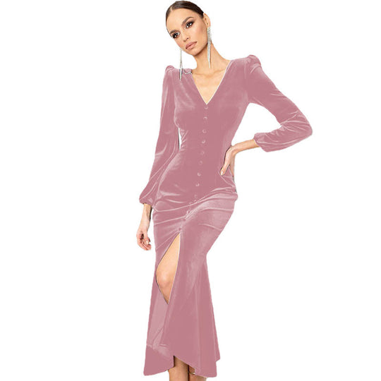 Damen Samt Maxikleid mit zentralem Knopfverschluss und seitlichem Schlitz EB