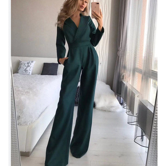 Damen eleganter Jumpsuit mit langem Bein und klassischem Schauspielkragen EB