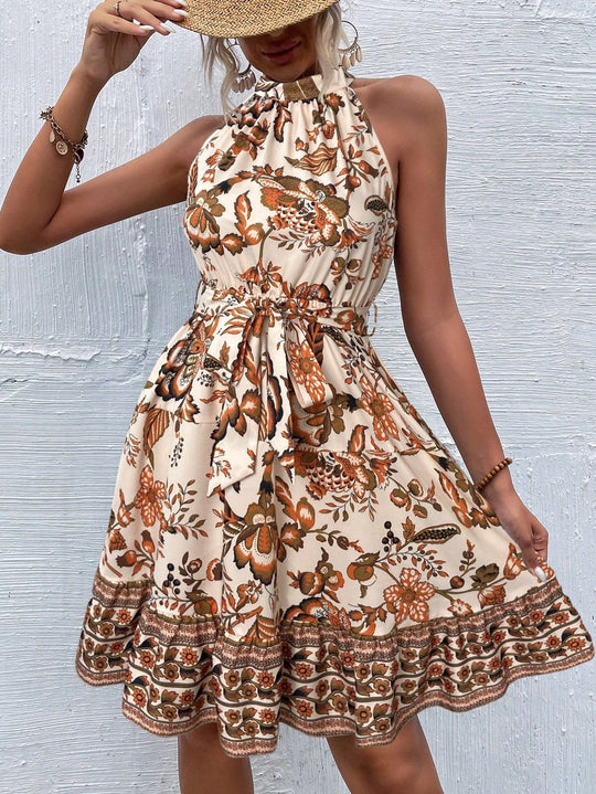 Damen Sommerliches Kragenkleid mit floralem Design und Bindegürtel EB