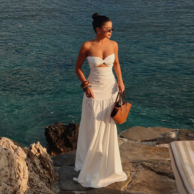 Damen Maxikleid mit gerafftem Oberteil und verspieltem Rock EB