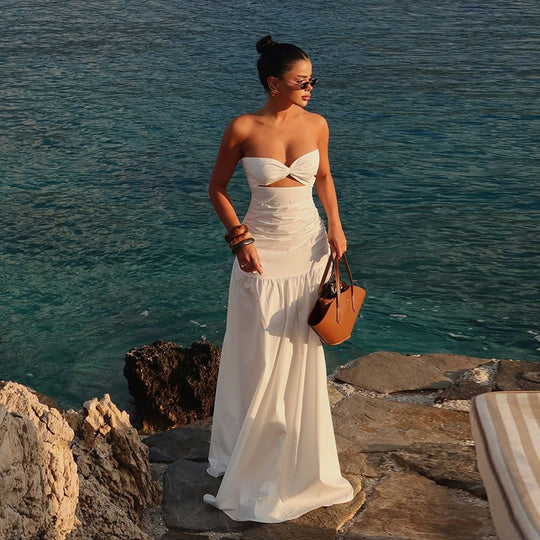 Damen Maxikleid mit gerafftem Oberteil und verspieltem Rock EB
