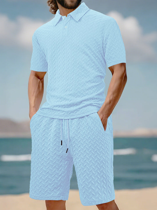 Herren nan geprägtes Strand-Ensemble mit offenem Kurzarm-Hemd und Kordel-Bermuda EB