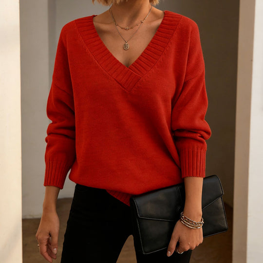Damen Feinstrickpullover mit tiefem V-Ausschnitt und überschnittener Schulter EB