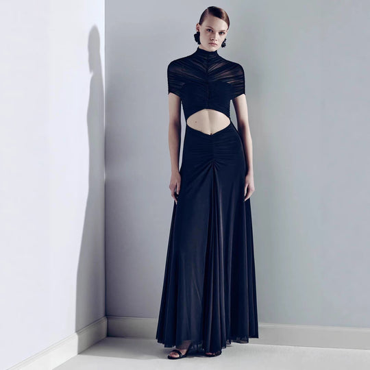 Damen Elegantes Cut-Out Maxikleid mit hochgeschlossenem Design und raffinierten Drapierungen EB