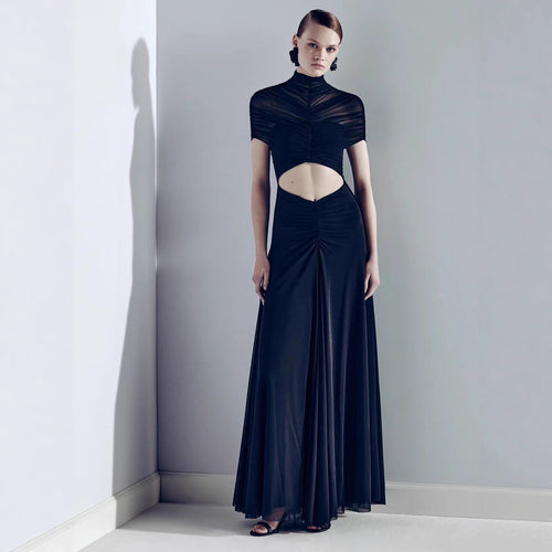 Damen Elegantes Cut-Out Maxikleid mit hochgeschlossenem Design und raffinierten Drapierungen EB