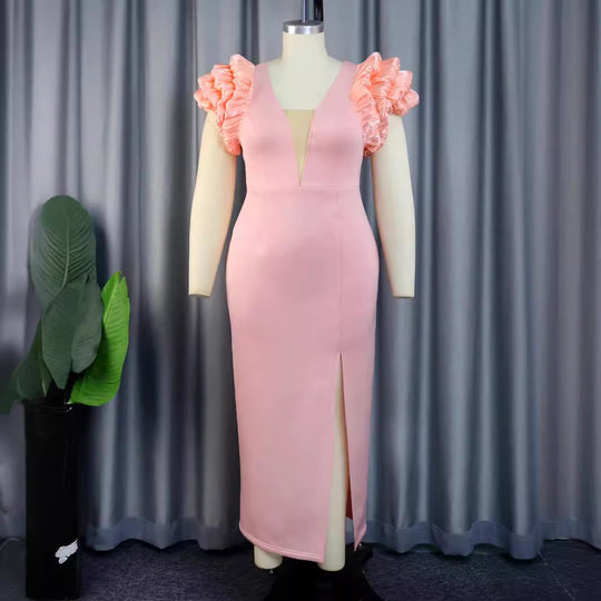 Damen Elegantes Maxikleid mit voluminösen Rüschenschultern und sexy Schlitz EB