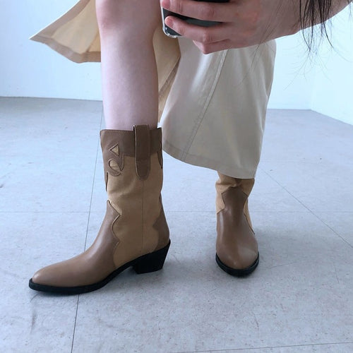 Damen Stiefeletten im Cowboy-Stil mit einzigartigem Design und kompaktem Absatz EB