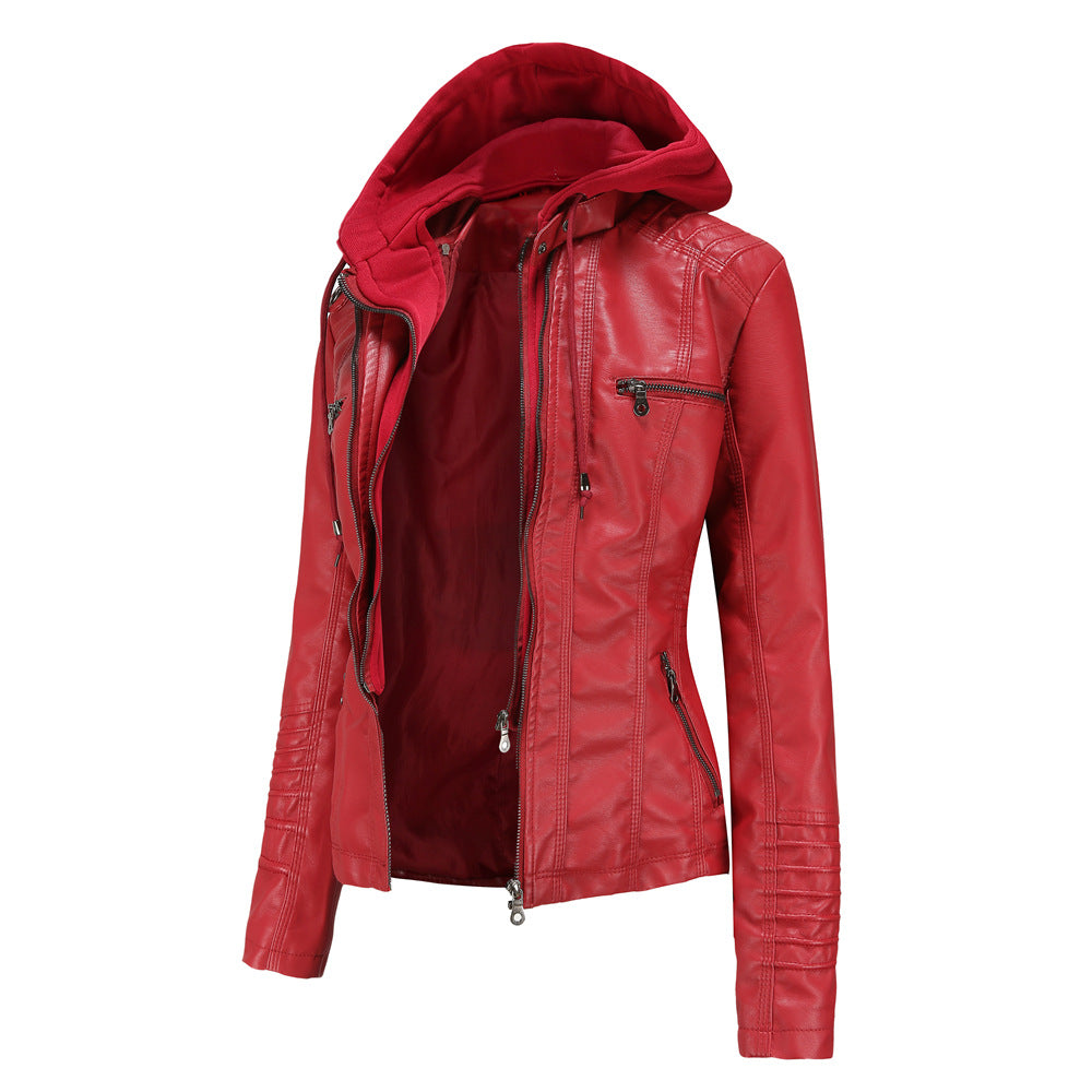 Damen nan taillierte Kunstlederjacke mit Kapuze, gesteppter Armblende und verdeckten Reißverschlusstaschen EB