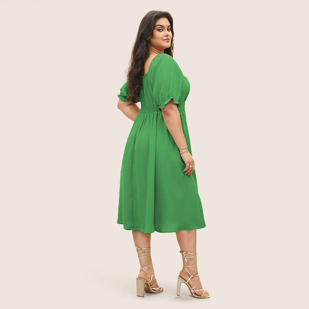 Damen Midi-Kleid mit Puffärmeln und elastischem Taillenbund EB