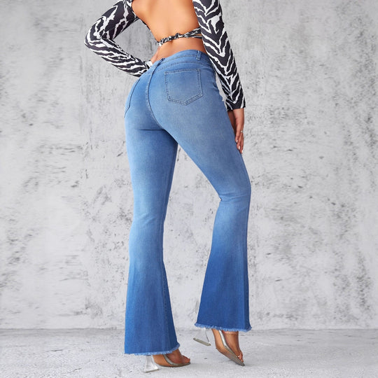 Damen Schlagjeans mit hohem Bund und modischen Fransen EB