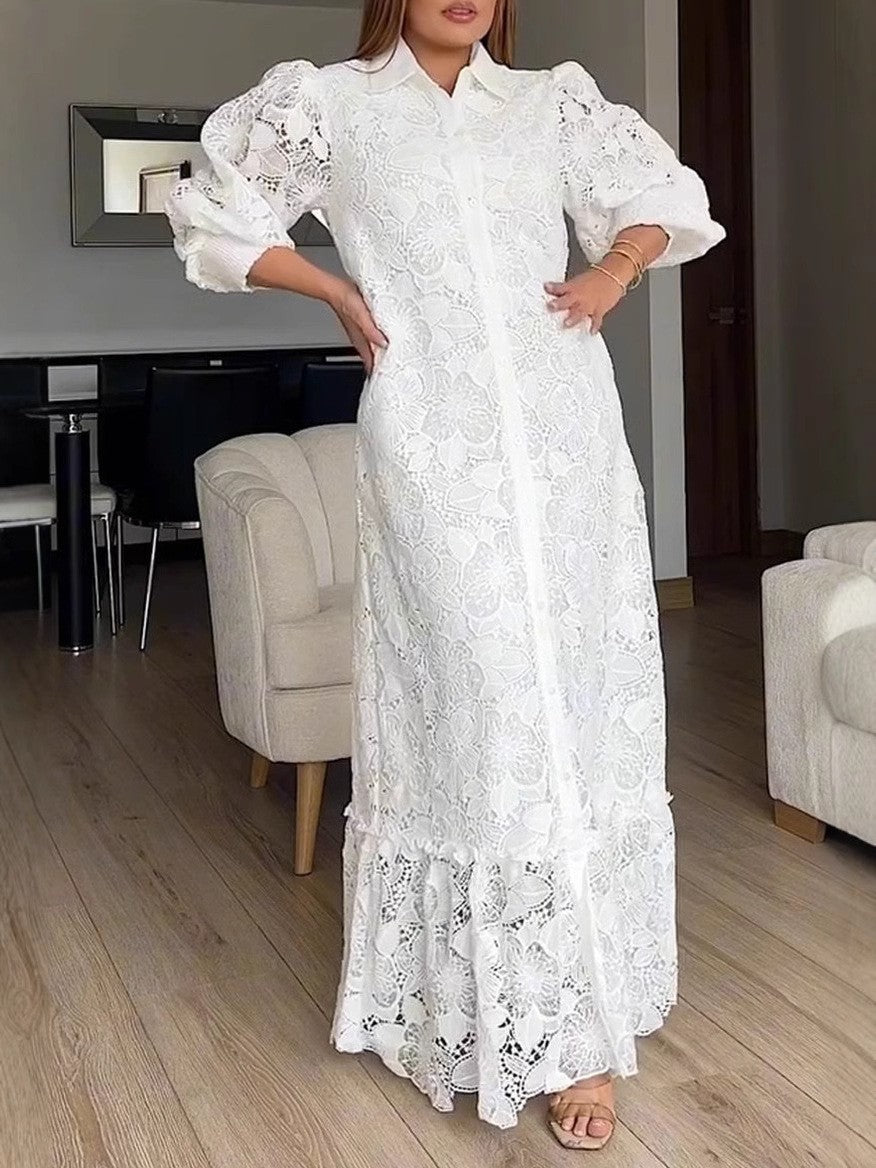 Damen Langärmliges Spitzenkleid mit voluminösen Puffärmeln und eleganter Knopfleiste Heidi-Mode