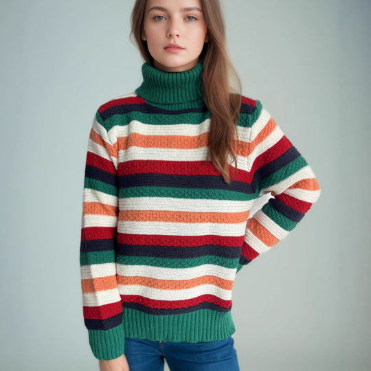 Damen Rollkragenpullover mit farbenfrohen Streifen und hochwertiger Strickqualität EB